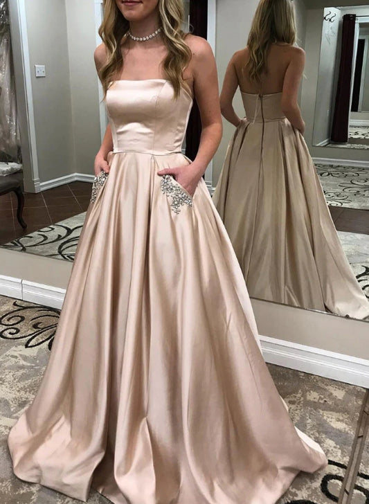 Champagne Satin Long Prom Dress Champagne Evening Dress