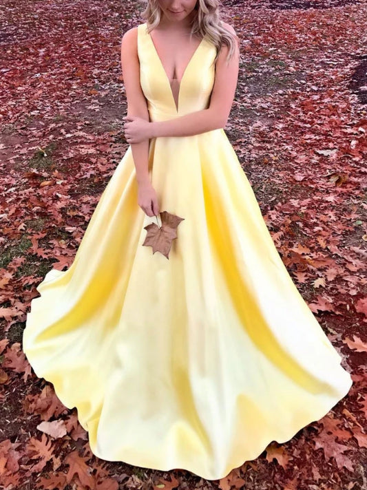 Simple V Neck Yellow Long Prom Dress Yellow Evening Dress