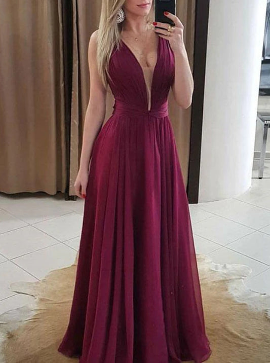 Simple V Neck Chiffon Burgundy Long Prom Dress Burgundy Evening Dress