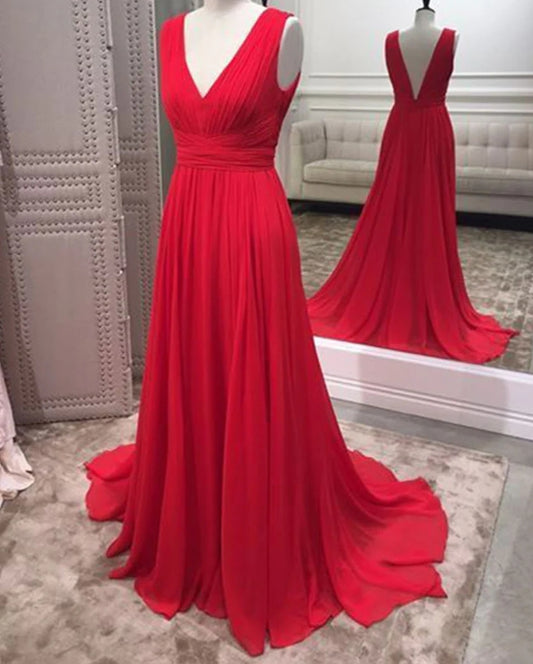 Simple Red V Neck Chiffon Long Prom Dress Red Evening Dress