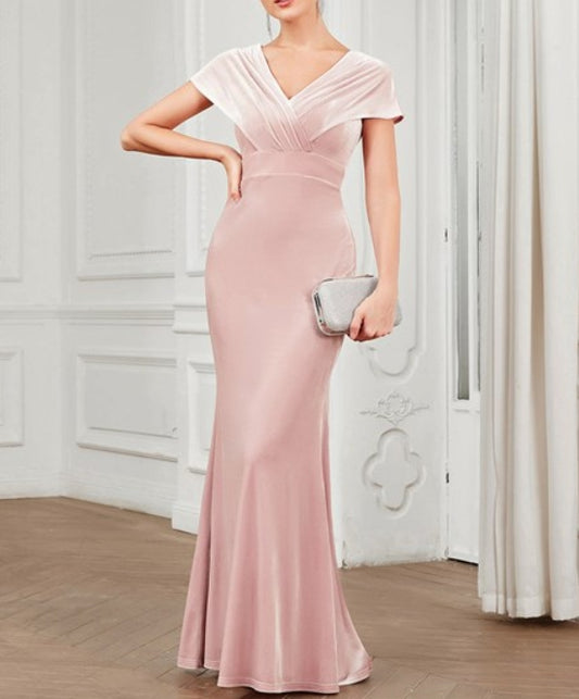Pink Deep V Neck A Line Wholesale Evening Dresses With Short Sleeves