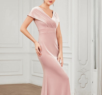 Pink Deep V Neck A Line Wholesale Evening Dresses With Short Sleeves