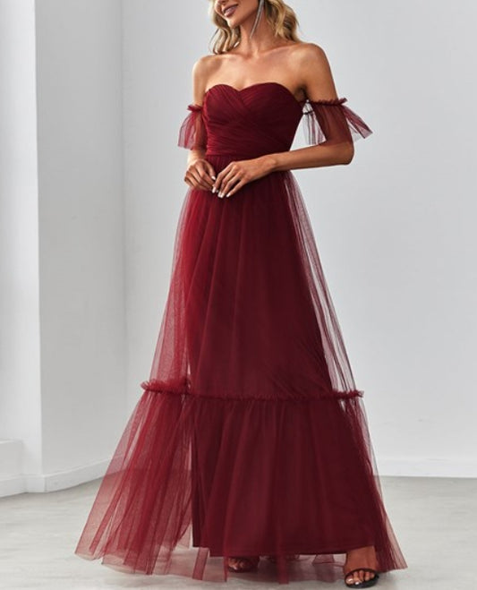 Burgundy Strapless A Line Ruffles Sleeves Wholesale Evening Dresses