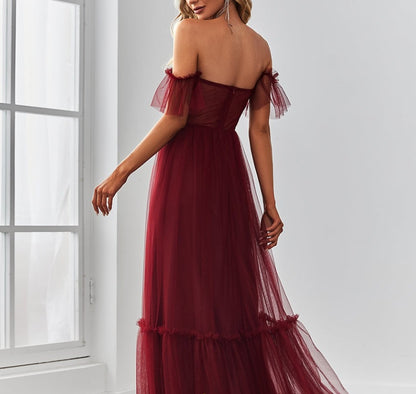 Burgundy Strapless A Line Ruffles Sleeves Wholesale Evening Dresses