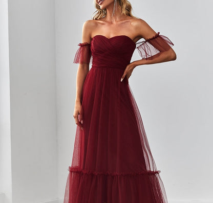 Burgundy Strapless A Line Ruffles Sleeves Wholesale Evening Dresses