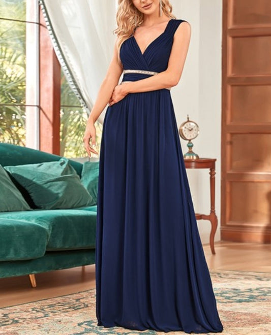 Navy Blue Maxi Long Wholesale Evening Gowns V-Neck Empire Waist Chiffon
