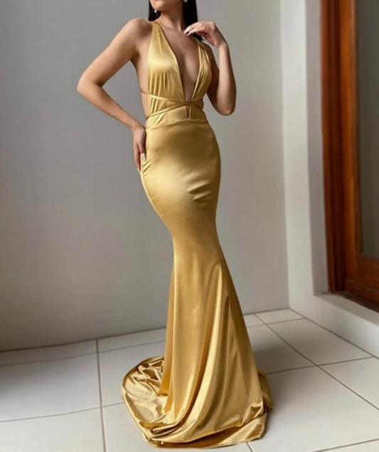 Yellow Sheath/Column V-Neck Backless Evening Dresses With Strappy Back
