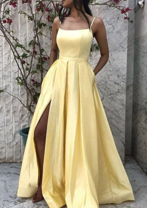 Yellow A-Line Satin Spaghetti Straps Sleeveless Long Evening Dresses