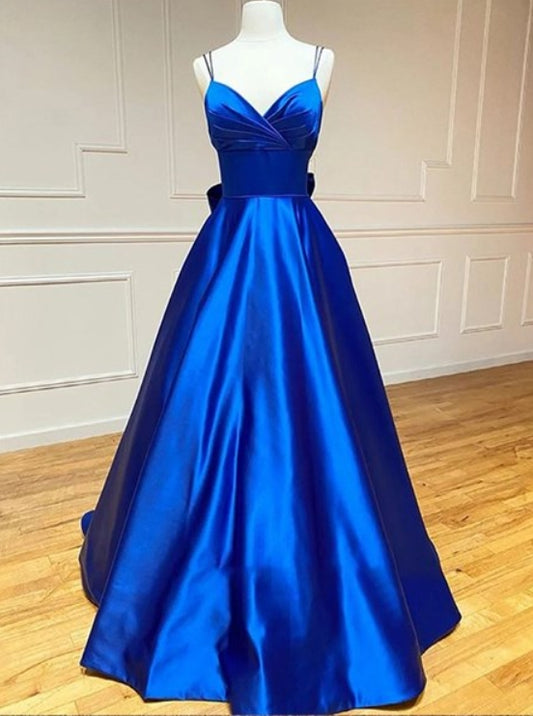 Royal Blue A-Line Satin Bowknot V-Neck Spaghetti Straps Evening Dresses