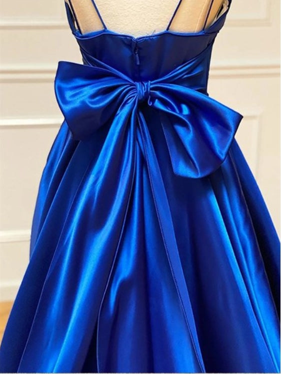 Royal Blue A-Line Satin Bowknot V-Neck Spaghetti Straps Evening Dresses
