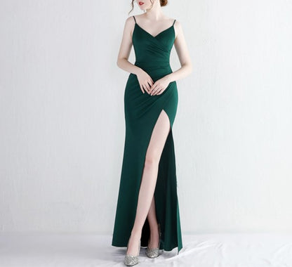 Emerald Green Long Ruched Bodice Spaghetti Straps Split Front Evening Dresses