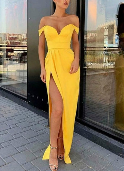 Yellow Off The Shoulder Pleated Long Evening Dress With Slits On The Side