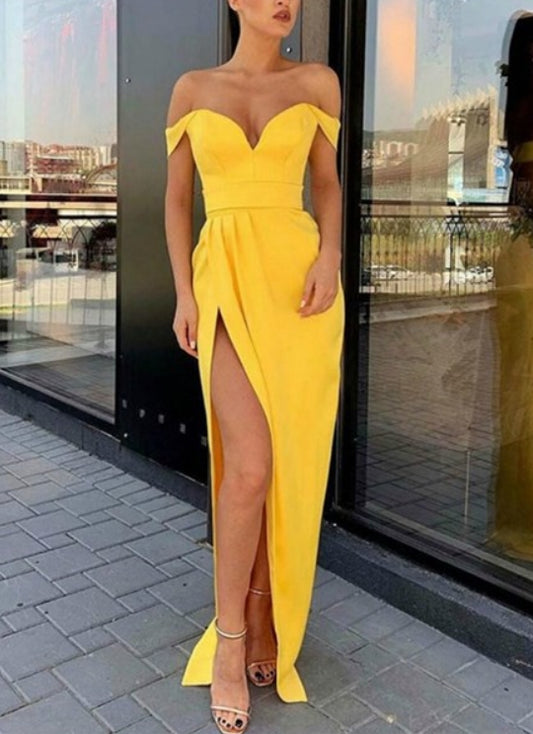 Yellow Off The Shoulder Pleated Long Evening Dress With Slits On The Side