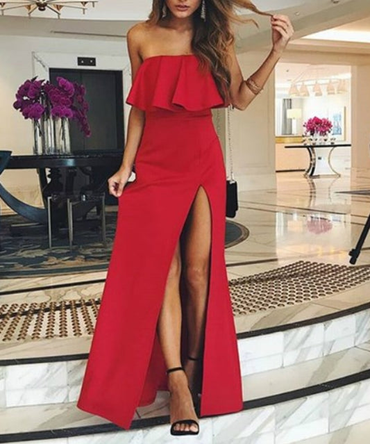 Elegant Red Strapless Ruffle Top Long Evening Dress With Side Split