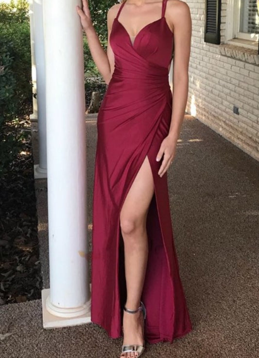 Burgundy Mermaid Pleated Bodice Spaghetti Strap Evening Dress With Split