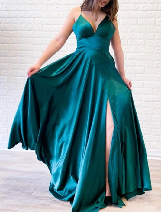Hunter Green V Neck Empire Waist Spaghetti Strap Backless Evening Dresses