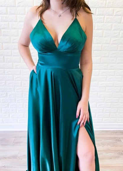 Hunter Green V Neck Empire Waist Spaghetti Strap Backless Evening Dresses