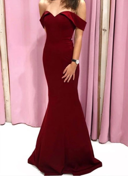 Burgundy Mermaid Off The Shoulder Strapless Satin Evening Formal Dresses