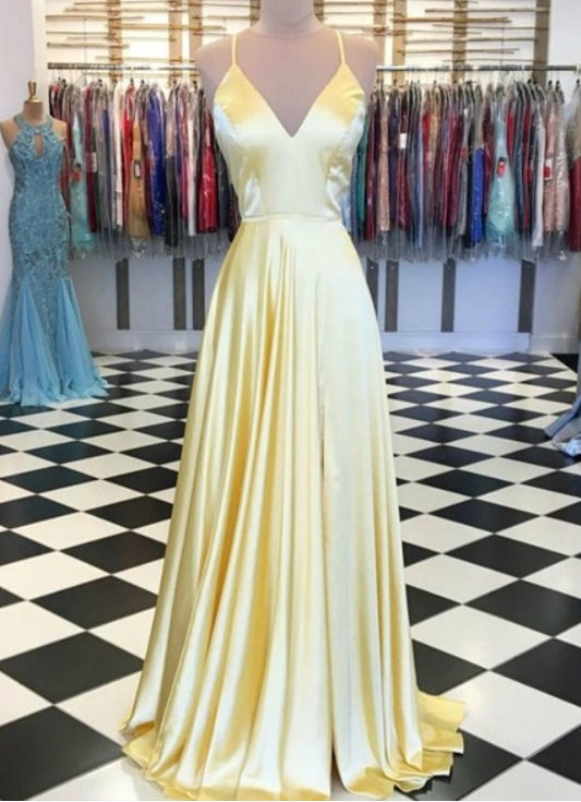 Yellow A-Line V Neck Spaghetti Strap Long Evening Dress With Back Cut Out