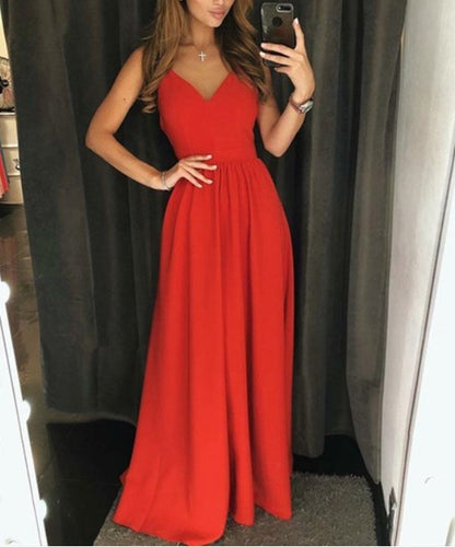Gorgeous V Neck Spaghetti Strap Long Red Evening Dresses With Open Back