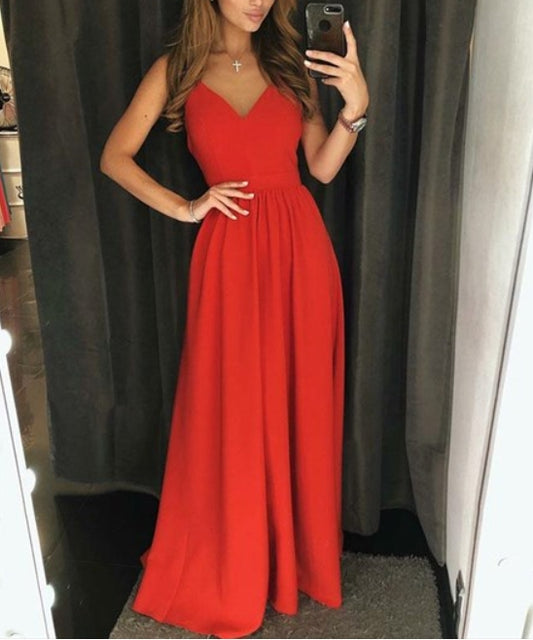 Gorgeous V Neck Spaghetti Strap Long Red Evening Dresses With Open Back