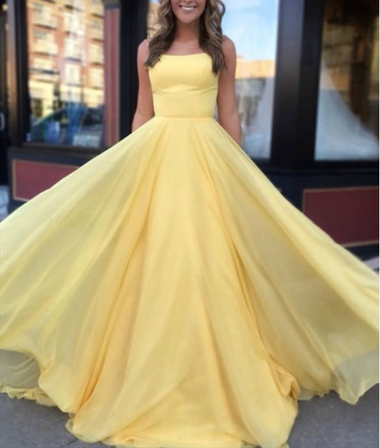 Yellow A-Line Chiffon Double Strap Evening Dress With Strappy Corset Back