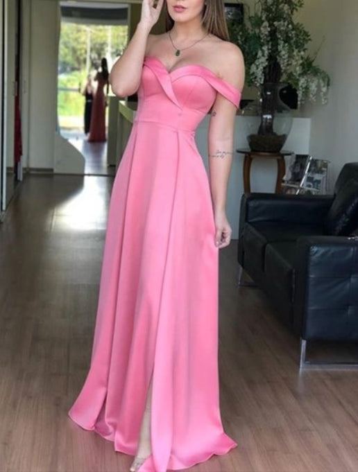 Hot Pink Off The Shoulder Embellished Long Evening Dress With Side Split