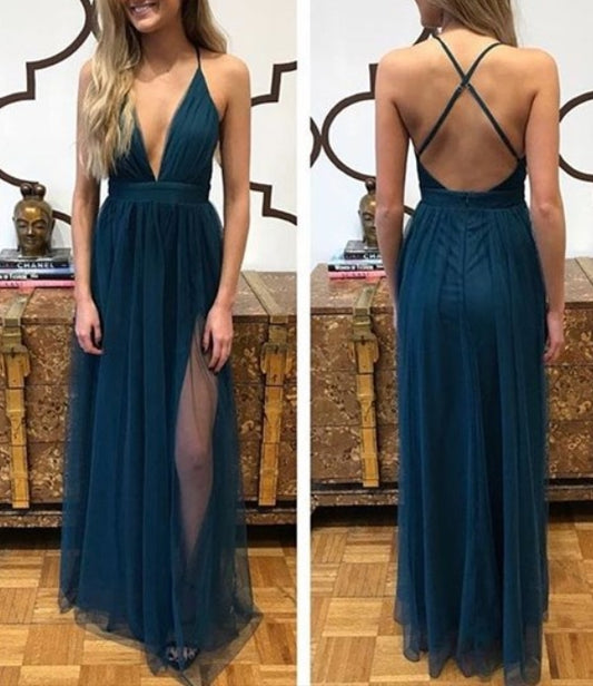 Deep V-Neck Corss Spaghetti Straps Long Evening Dress
