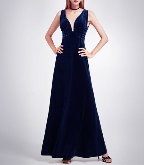 Royal Blue Sleeveless V Neck Empire Waist Velvet Floor Length Evening Dress