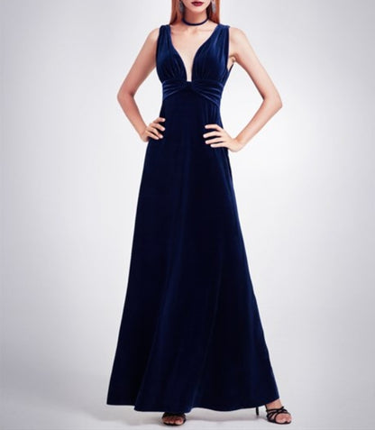 Royal Blue Sleeveless V Neck Empire Waist Velvet Floor Length Evening Dress