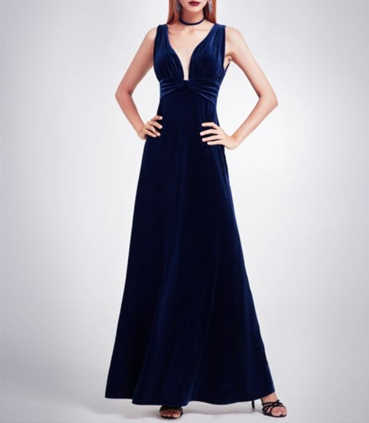 Royal Blue Sleeveless V Neck Empire Waist Velvet Floor Length Evening Dress