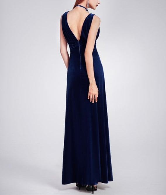 Royal Blue Sleeveless V Neck Empire Waist Velvet Floor Length Evening Dress