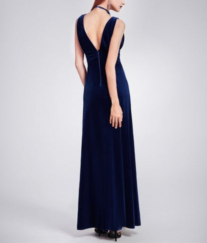 Royal Blue Sleeveless V Neck Empire Waist Velvet Floor Length Evening Dress