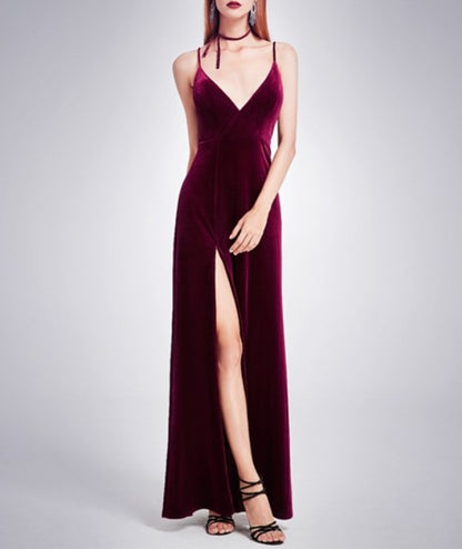 Burgundy Spaghetti Strap V Neck Evening Dress With Slits And Open Back