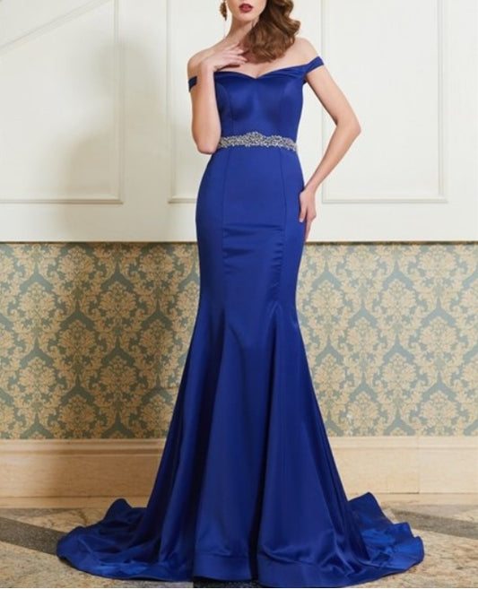 Royal Blue Off The Shoulder Mermaid Evening Dress With Beaded Waist