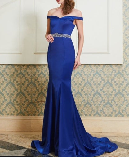Royal Blue Off The Shoulder Mermaid Evening Dress With Beaded Waist