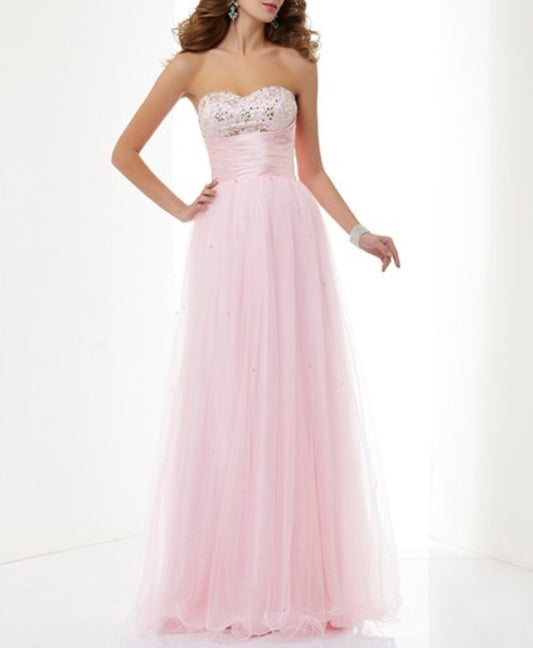 Blush Pink Strapless Tulle Overlay Evening Dress With Ruched Empire Waist