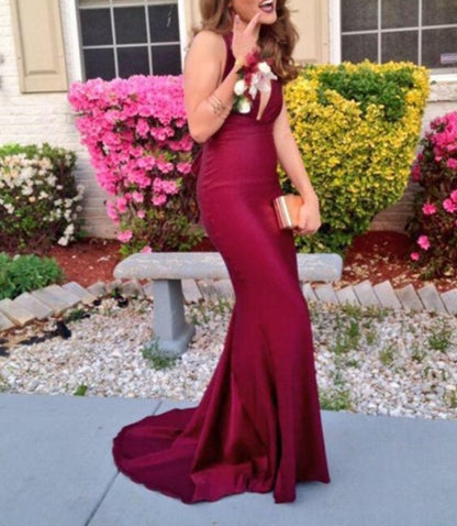 Burgundy Plunge V Neck Sleeveless Mermaid Cut Out Waist Formal Evening Dress