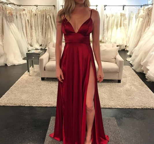 Burgundy Empire Waist Spaghetti Strap V-Neck A-Line Split Evening Gown