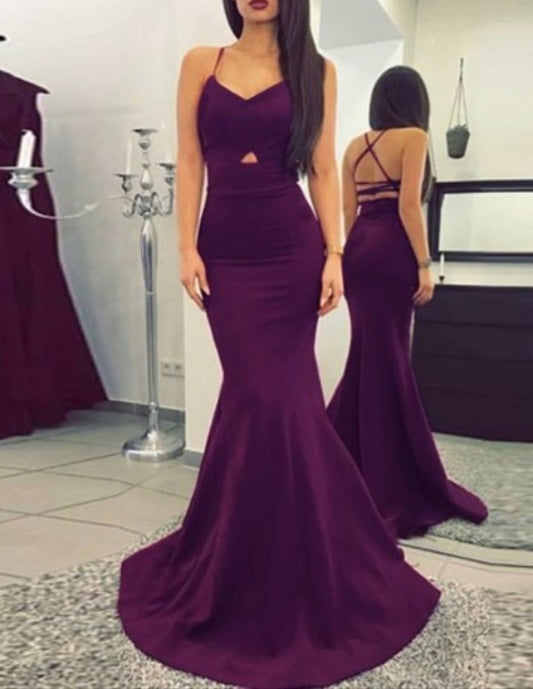 Purple Spaghetti Strap Mermaid Floor Length Evening Dress With Cross Back