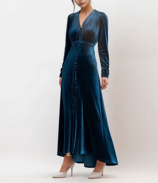 Vintage Velvet V-Neck Long Evening Dress with Ruched Bodice