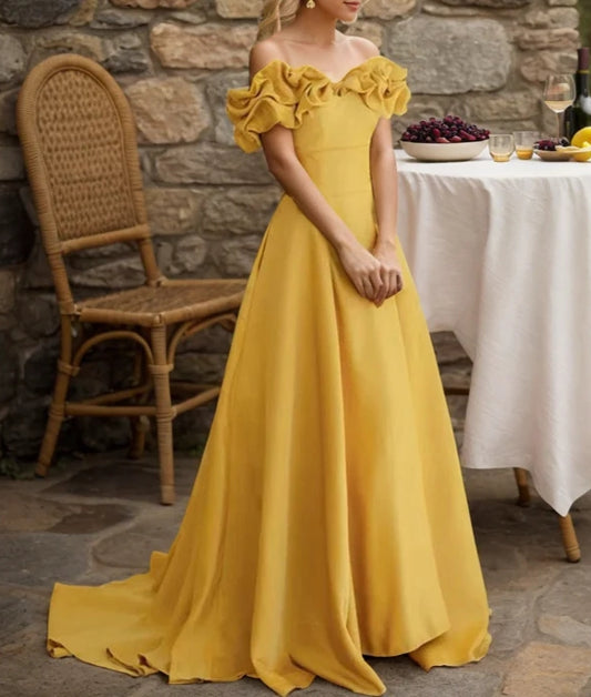 Sexy Off-the-shoulder Long Princess Style A-line Satin Evening Dress With Ruffled Sleeves