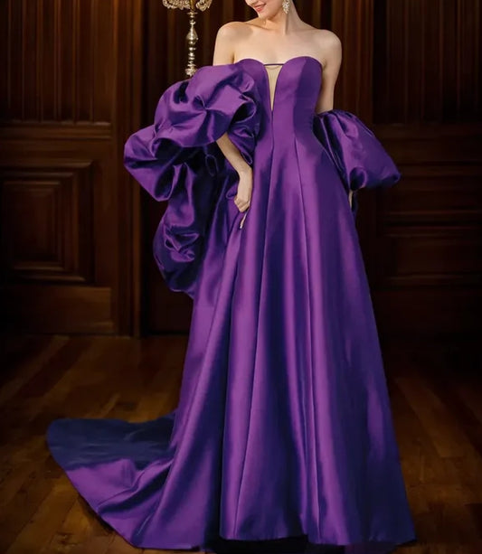 Strapless satin princess ballgown Evening dress with detachable bishop sleeves