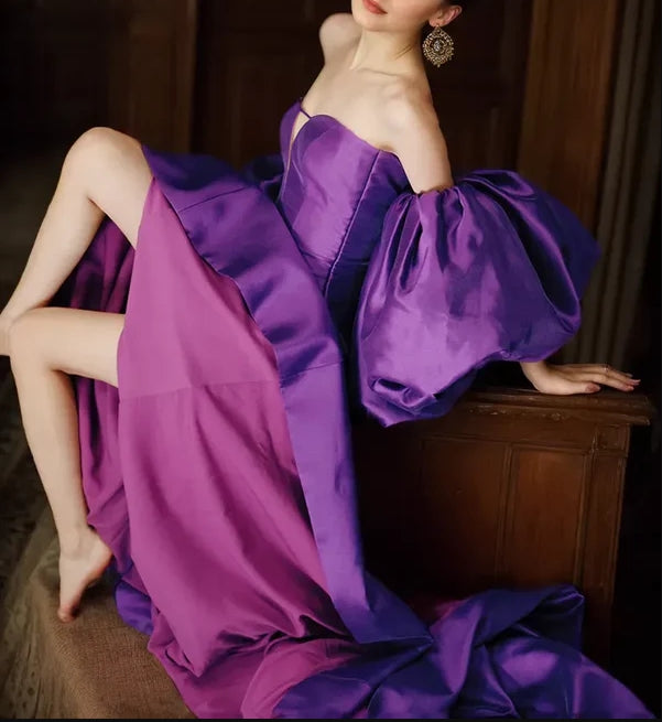Strapless satin princess ballgown Evening dress with detachable bishop sleeves