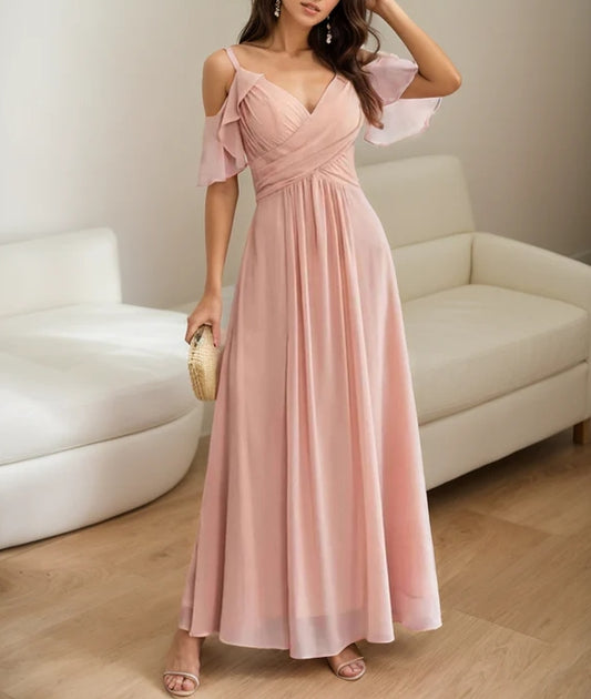 Ruffled sleeves strap deep V-neck A-line ankle length chiffon Evening Dress