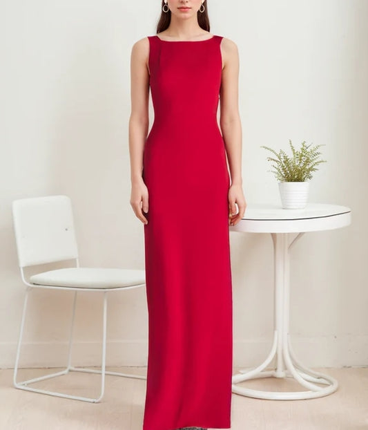 Modern Bateau Neckline Hallowed Back Pencil Skirt Stretchable Satin Evening Dress