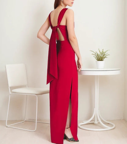 Modern Bateau Neckline Hallowed Back Pencil Skirt Stretchable Satin Evening Dress