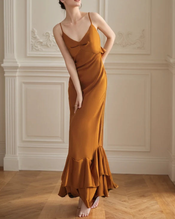 Vintage Deep V Neck Low Back Pencil Skirt Ruffled Silky Satin Evening Dress