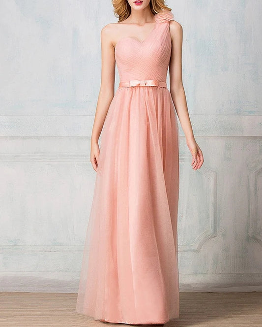 One-shoulder floor-length tulle long Evening dress