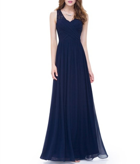 Navy Blue V Neck Sleeveless Lace Illusion Neckline Long Chiffon Evening Dress